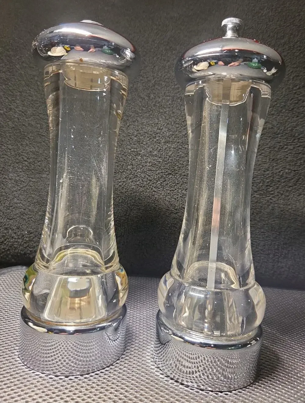 Vntg Old Thompson Salt Shaker And Pepper Mill 8 Inches Tall Glass